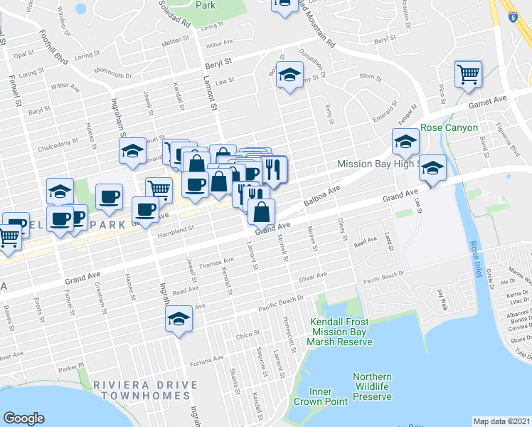 map of restaurants, bars, coffee shops, grocery stores, and more near 1944 Hornblend Street in San Diego