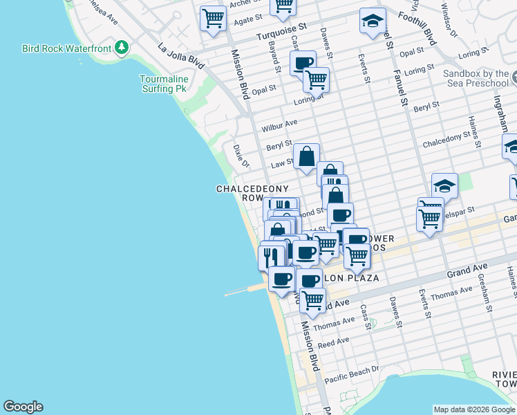 map of restaurants, bars, coffee shops, grocery stores, and more near 641 Chalcedony Street in San Diego
