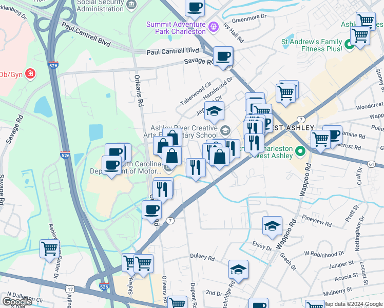 map of restaurants, bars, coffee shops, grocery stores, and more near 9 Dupont Road in Charleston
