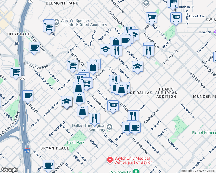 map of restaurants, bars, coffee shops, grocery stores, and more near 1513 North Peak Street in Dallas