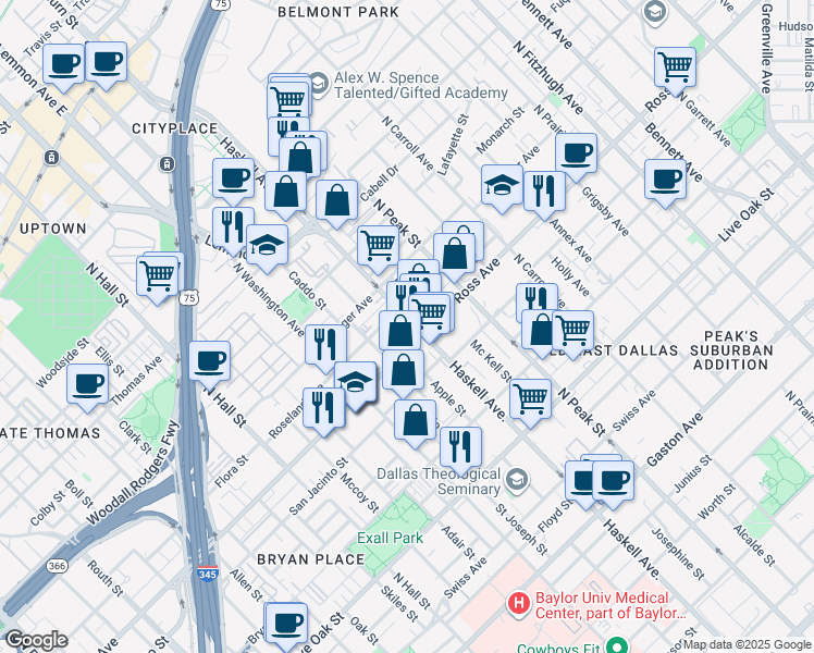 map of restaurants, bars, coffee shops, grocery stores, and more near 4016 Roseland Avenue in Dallas