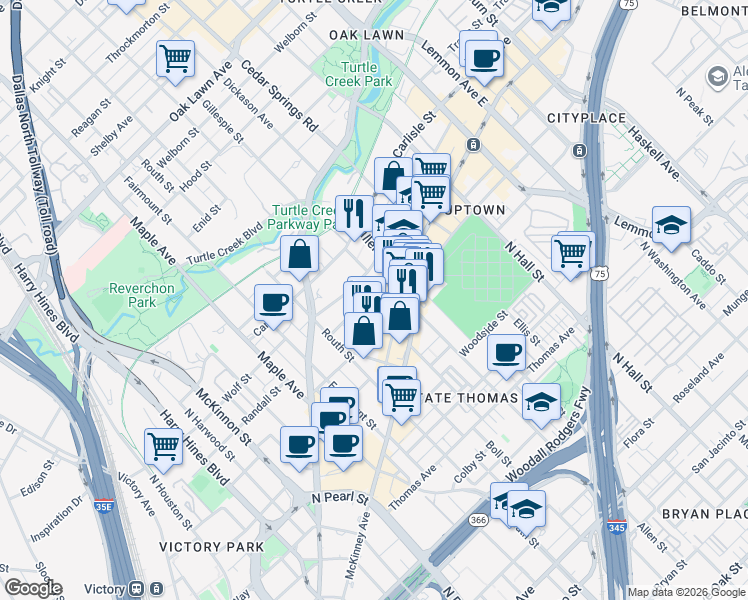 map of restaurants, bars, coffee shops, grocery stores, and more near 2808 Laclede Street in Dallas