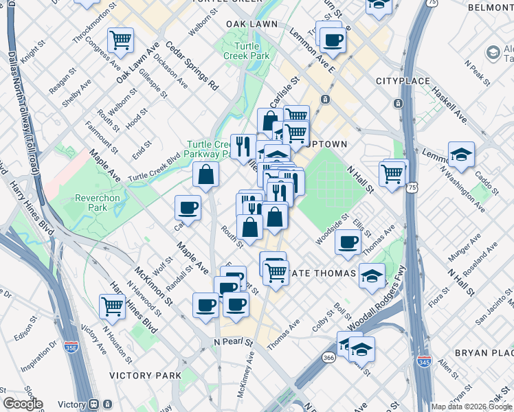 map of restaurants, bars, coffee shops, grocery stores, and more near 2717 Howell Street in Dallas