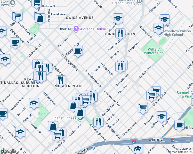 map of restaurants, bars, coffee shops, grocery stores, and more near 5321 Reiger Avenue in Dallas