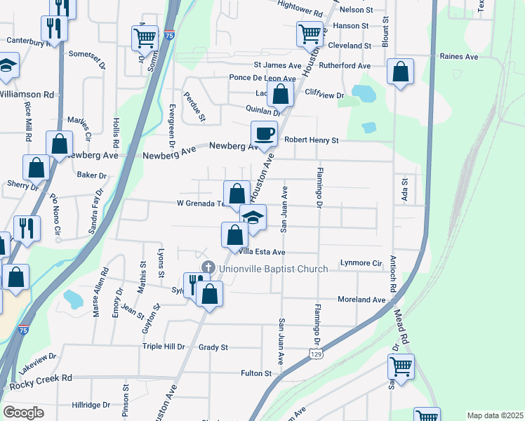 map of restaurants, bars, coffee shops, grocery stores, and more near 749 Grenada Terrace in Macon