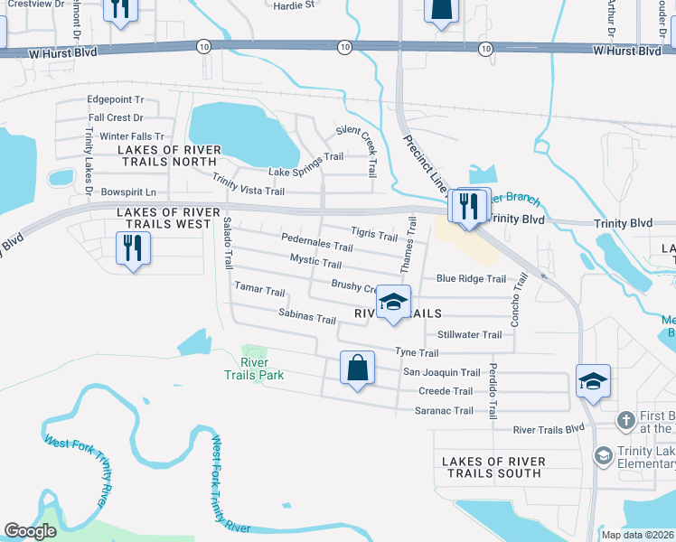map of restaurants, bars, coffee shops, grocery stores, and more near 8725 Mystic Trail in Fort Worth