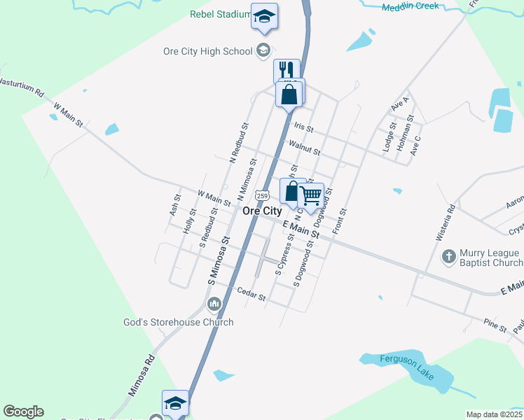 map of restaurants, bars, coffee shops, grocery stores, and more near in Ore City