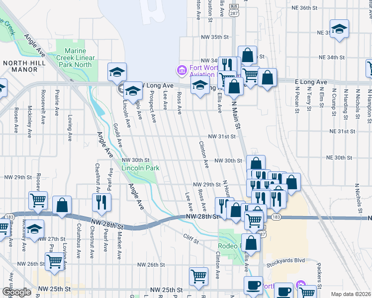 map of restaurants, bars, coffee shops, grocery stores, and more near 3014 Lee Avenue in Fort Worth
