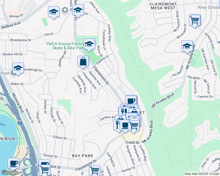 map of restaurants, bars, coffee shops, grocery stores, and more near 3244 Clairemont Drive in San Diego
