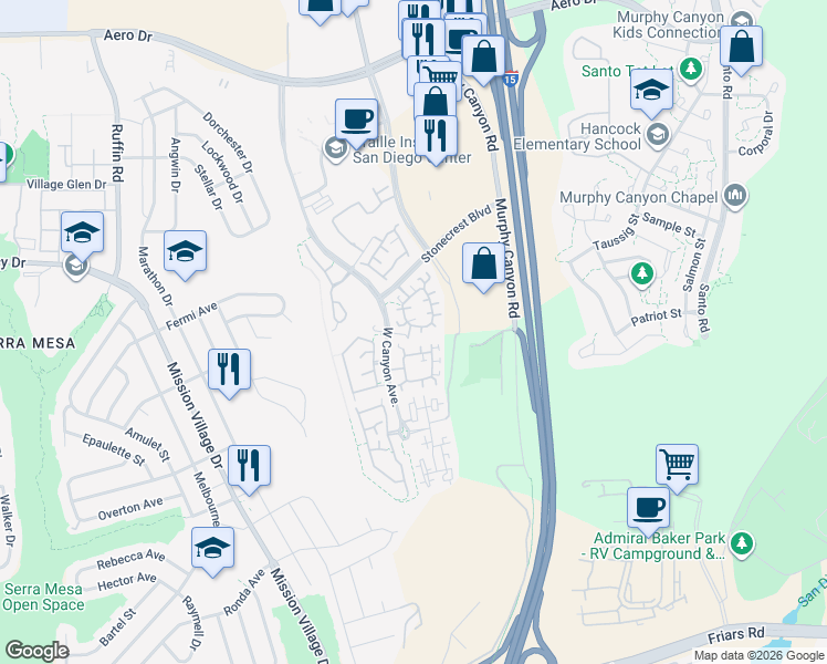 map of restaurants, bars, coffee shops, grocery stores, and more near 3031 West Canyon Avenue in San Diego