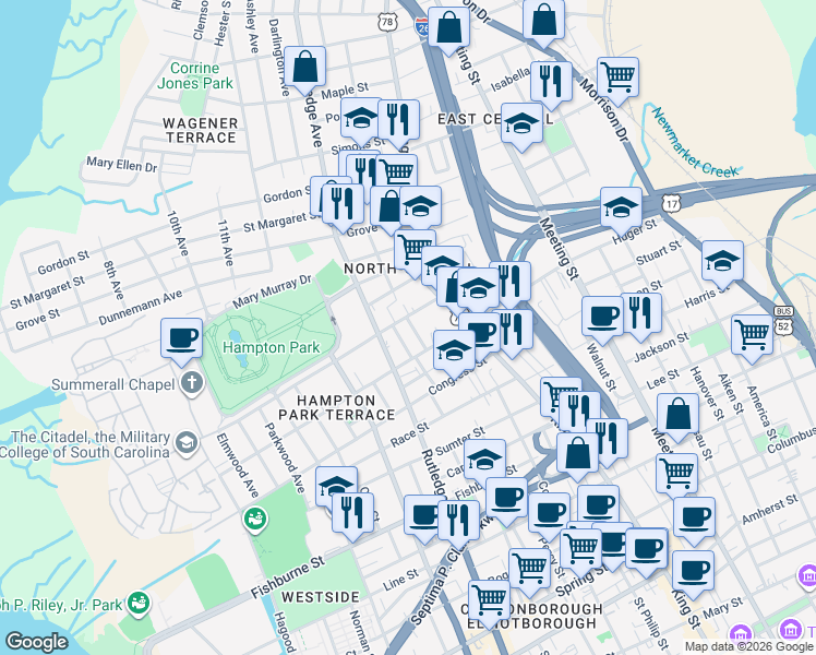 map of restaurants, bars, coffee shops, grocery stores, and more near 1002 King Street in Charleston