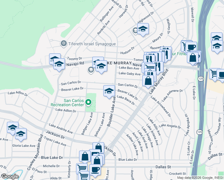 map of restaurants, bars, coffee shops, grocery stores, and more near 8283 San Carlos Drive in San Diego