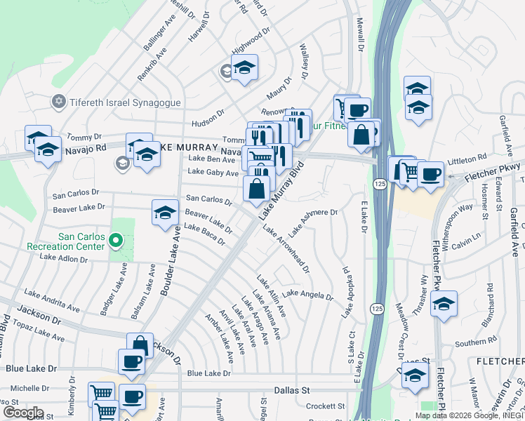 map of restaurants, bars, coffee shops, grocery stores, and more near 6511 Bisby Lake Ave in San Diego