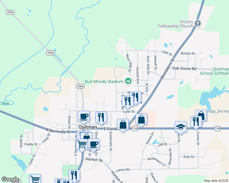 map of restaurants, bars, coffee shops, grocery stores, and more near 602 Puckett Street in Quitman