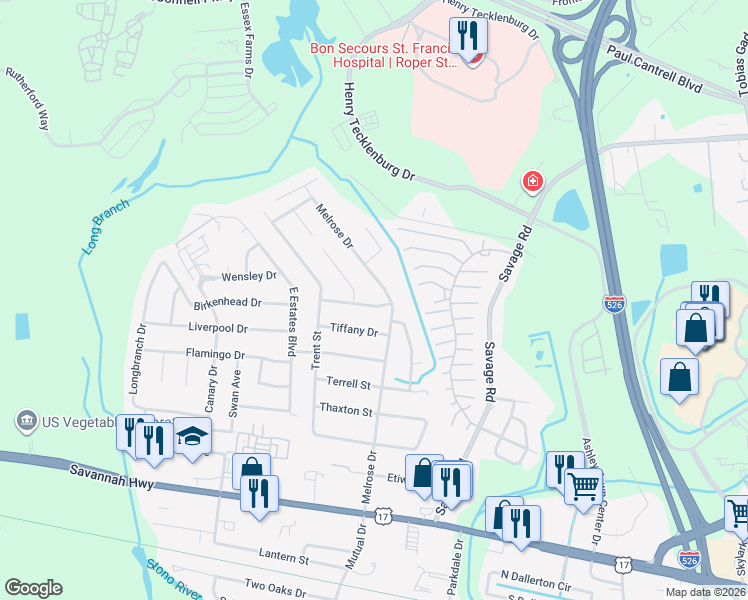 map of restaurants, bars, coffee shops, grocery stores, and more near 875 Melrose Drive in Charleston