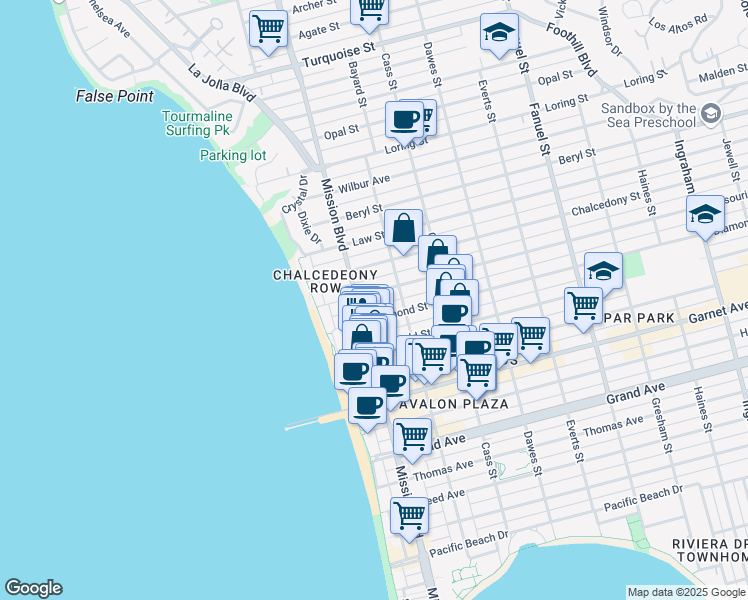 map of restaurants, bars, coffee shops, grocery stores, and more near 829 Missouri Street in San Diego