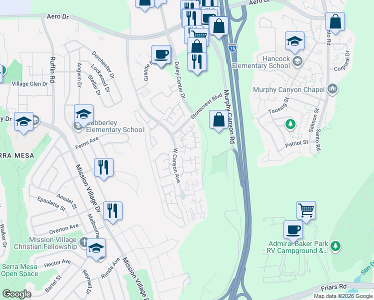 map of restaurants, bars, coffee shops, grocery stores, and more near 3031 West Canyon Avenue in San Diego