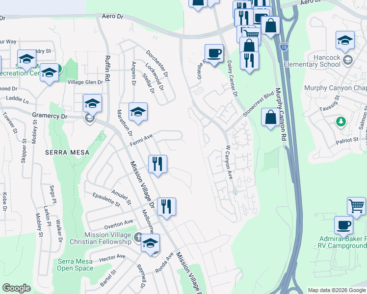 map of restaurants, bars, coffee shops, grocery stores, and more near 3012 Feiler Place in San Diego
