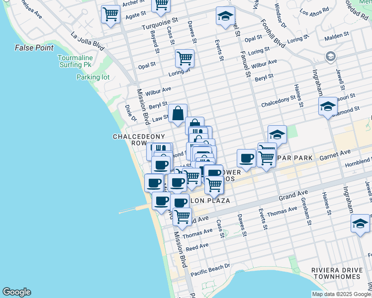 map of restaurants, bars, coffee shops, grocery stores, and more near 928 Diamond Street in San Diego