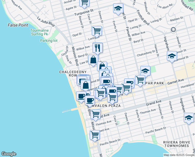 map of restaurants, bars, coffee shops, grocery stores, and more near 928 Diamond Street in San Diego