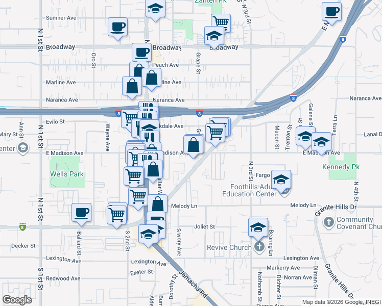 map of restaurants, bars, coffee shops, grocery stores, and more near 1378 East Madison Avenue in El Cajon