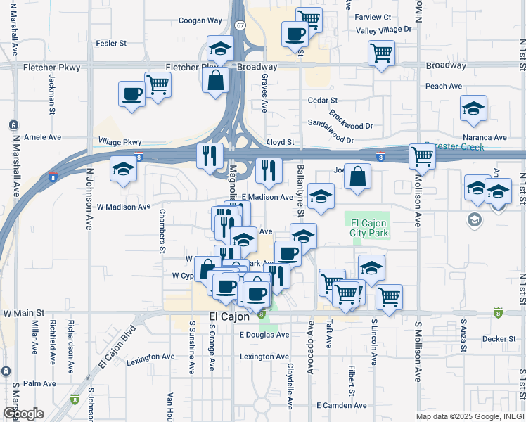 map of restaurants, bars, coffee shops, grocery stores, and more near 472 Graves Avenue in El Cajon