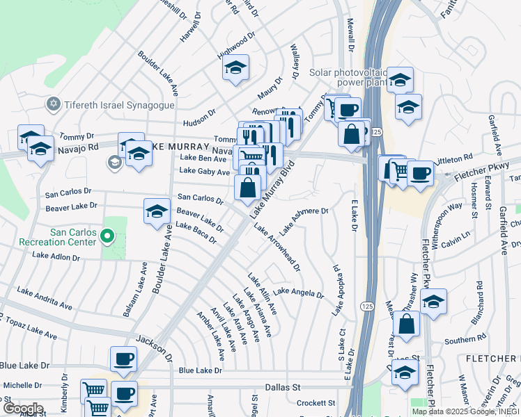map of restaurants, bars, coffee shops, grocery stores, and more near 8609 Lynnhaven Lane in San Diego