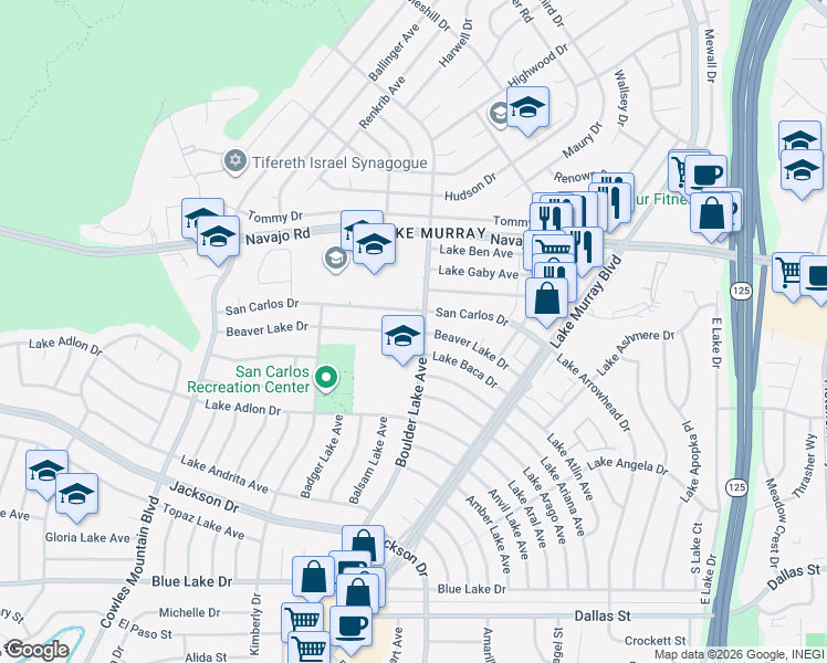 map of restaurants, bars, coffee shops, grocery stores, and more near 8283 San Carlos Drive in San Diego