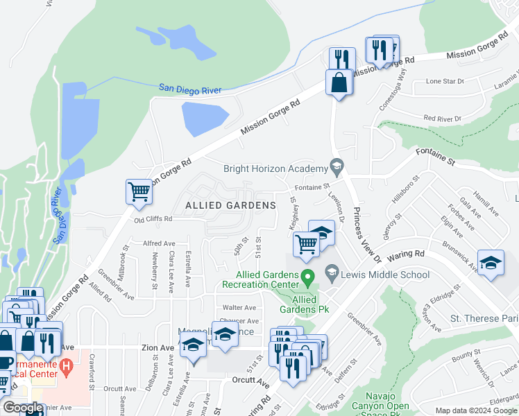 map of restaurants, bars, coffee shops, grocery stores, and more near 5013 Old Cliffs Road in San Diego
