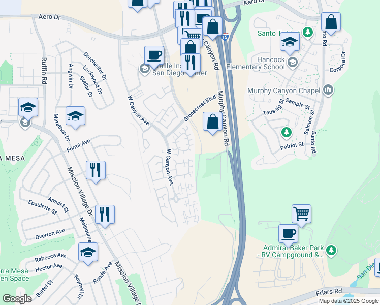 map of restaurants, bars, coffee shops, grocery stores, and more near 3047 West Canyon Avenue in San Diego