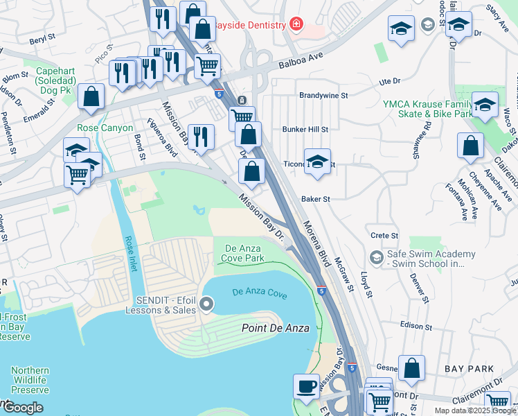 map of restaurants, bars, coffee shops, grocery stores, and more near 4275 Mission Bay Drive in San Diego