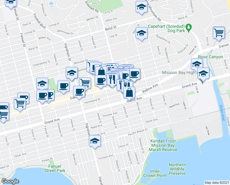 map of restaurants, bars, coffee shops, grocery stores, and more near 1905 Garnet Avenue in San Diego