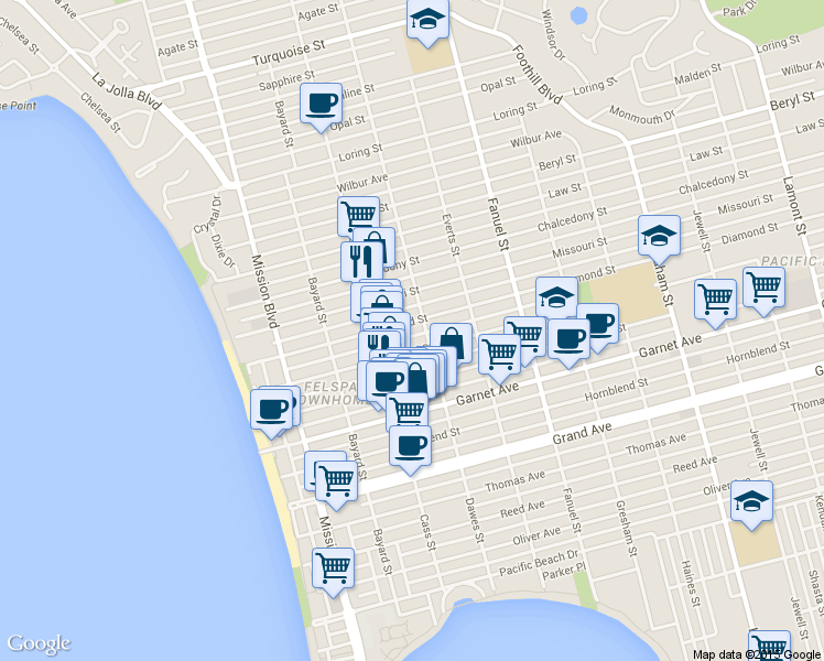 map of restaurants, bars, coffee shops, grocery stores, and more near 4735 Cass Street in San Diego