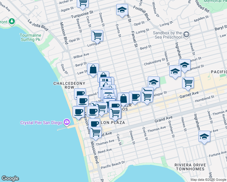 map of restaurants, bars, coffee shops, grocery stores, and more near 4735 Cass Street in San Diego
