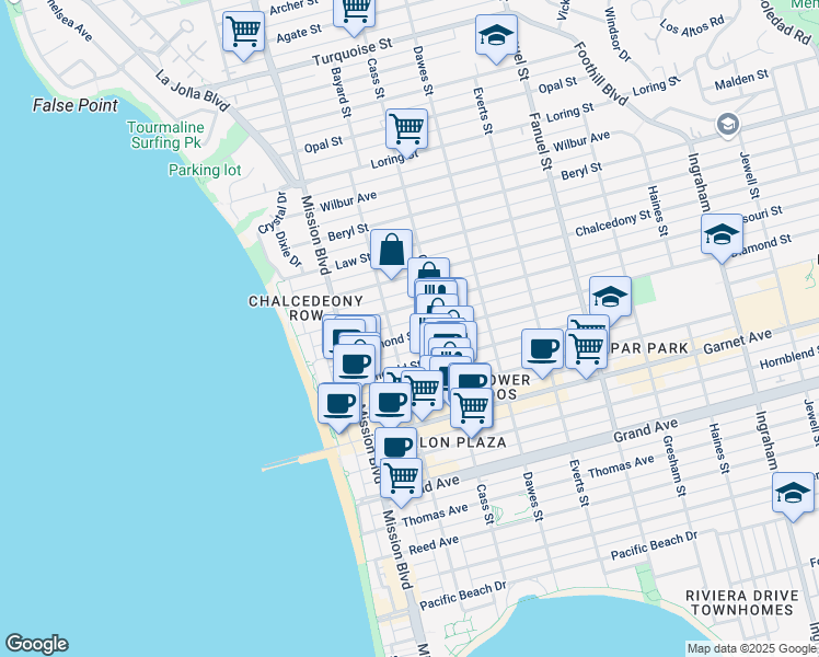 map of restaurants, bars, coffee shops, grocery stores, and more near 951 Missouri Street in San Diego