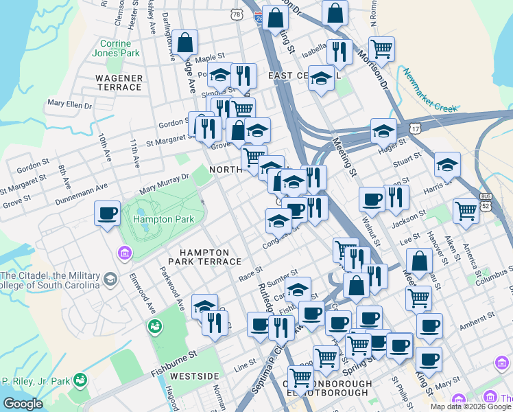 map of restaurants, bars, coffee shops, grocery stores, and more near in Charleston