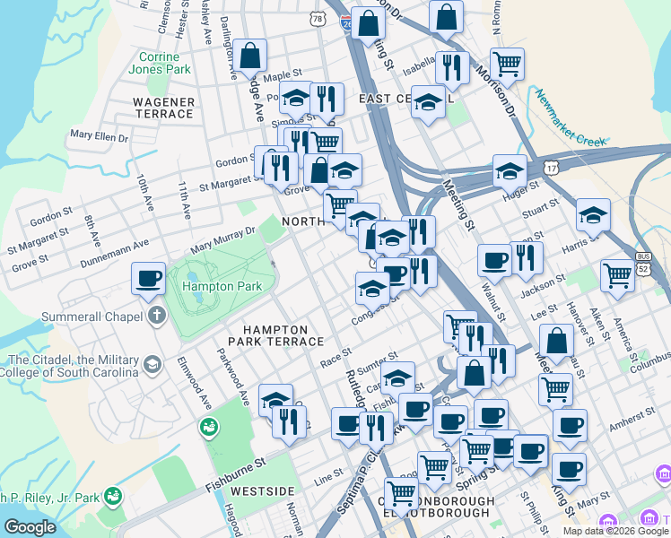 map of restaurants, bars, coffee shops, grocery stores, and more near in Charleston