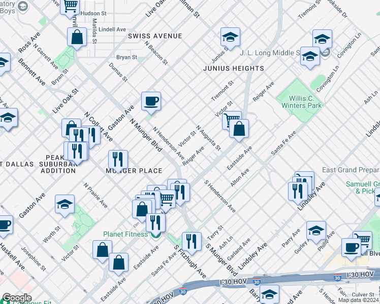 map of restaurants, bars, coffee shops, grocery stores, and more near 5321 Reiger Avenue in Dallas