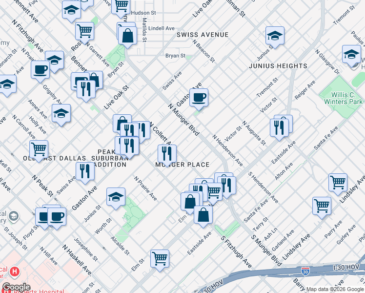 map of restaurants, bars, coffee shops, grocery stores, and more near 5018 Worth Street in Dallas