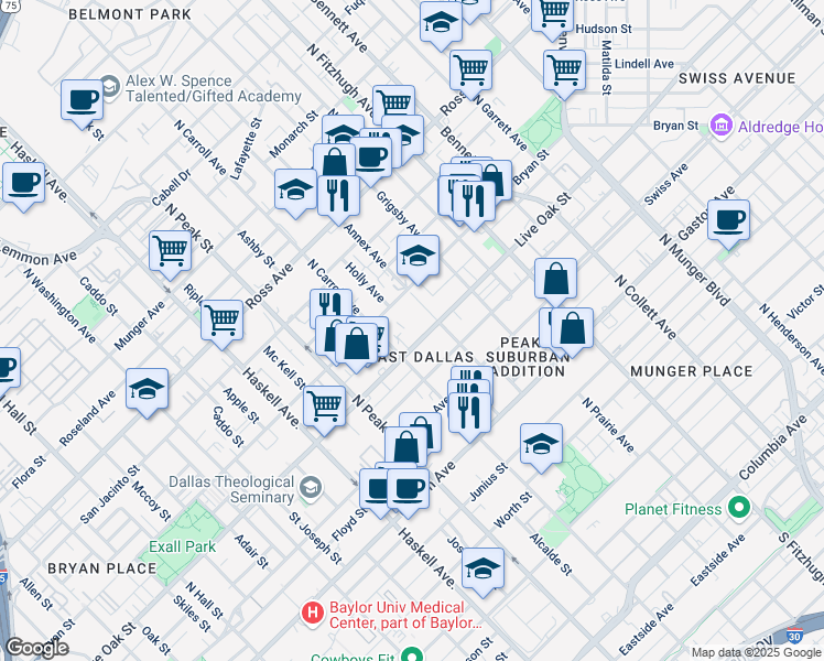 map of restaurants, bars, coffee shops, grocery stores, and more near in Dallas