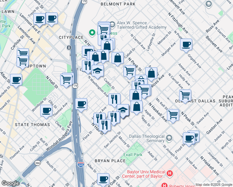 map of restaurants, bars, coffee shops, grocery stores, and more near 1909 Caddo Street in Dallas