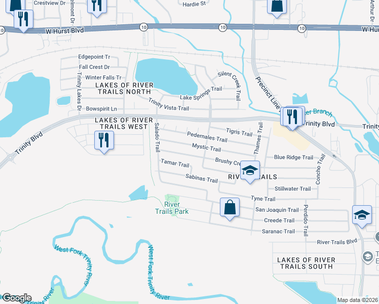 map of restaurants, bars, coffee shops, grocery stores, and more near 8600 Mystic Trail in Fort Worth