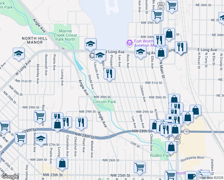 map of restaurants, bars, coffee shops, grocery stores, and more near 3015 Refugio Avenue in Fort Worth