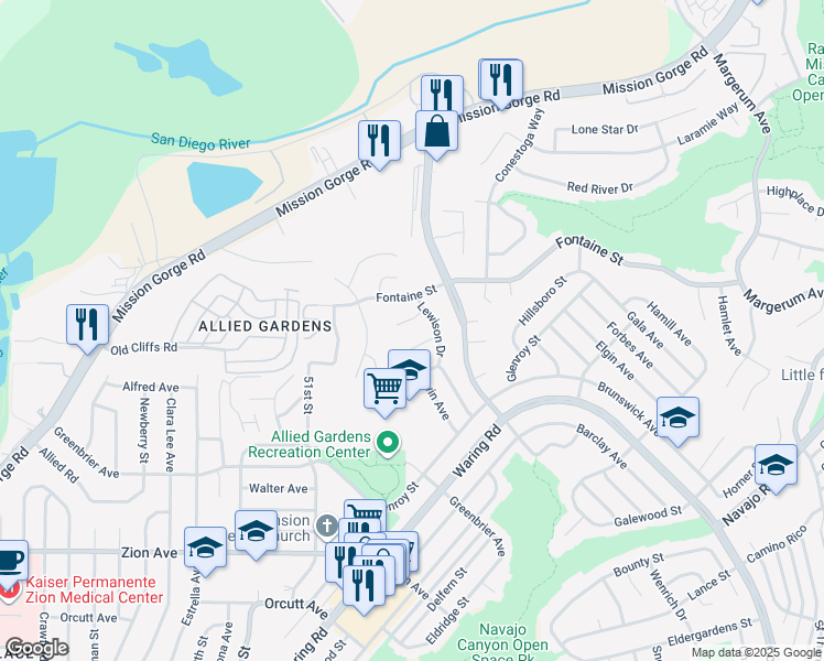 map of restaurants, bars, coffee shops, grocery stores, and more near 5253 Lewison Place in San Diego