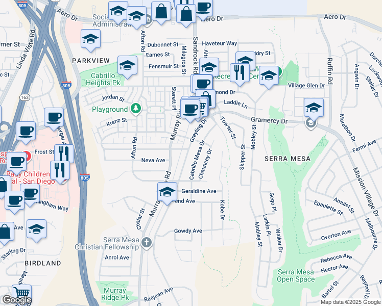 map of restaurants, bars, coffee shops, grocery stores, and more near 3077 Greyling Drive in San Diego