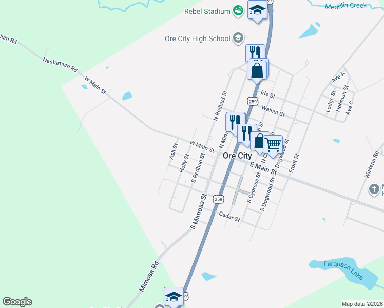 map of restaurants, bars, coffee shops, grocery stores, and more near 401 Holly Street in Ore City