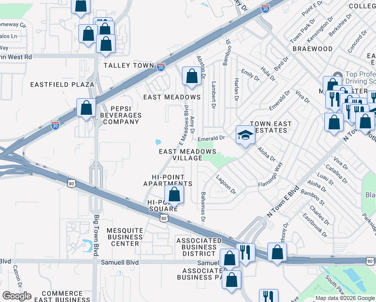 map of restaurants, bars, coffee shops, grocery stores, and more near 4109 Amy Drive in Mesquite