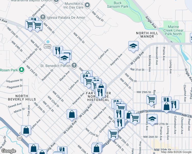 map of restaurants, bars, coffee shops, grocery stores, and more near t2807 Northwest 28th Street in Fort Worth