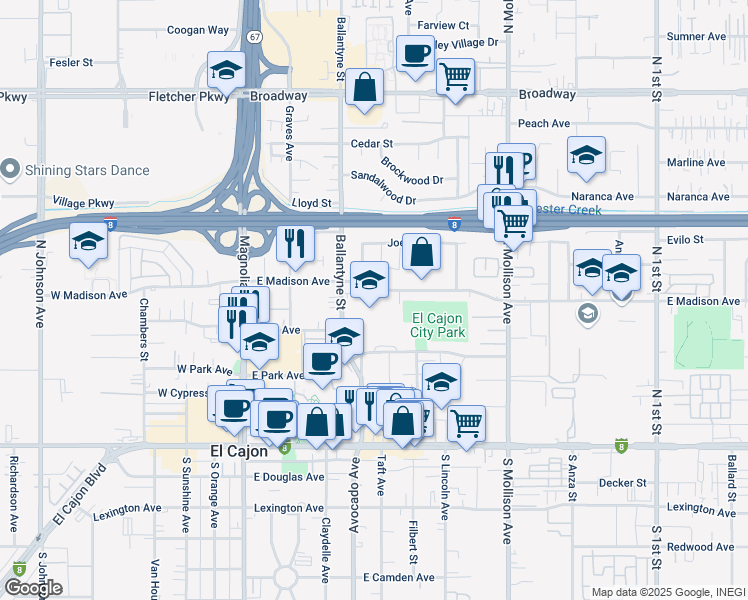 map of restaurants, bars, coffee shops, grocery stores, and more near 545 East Madison Avenue in El Cajon