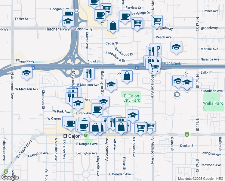 map of restaurants, bars, coffee shops, grocery stores, and more near 455 Ballantyne Street in El Cajon